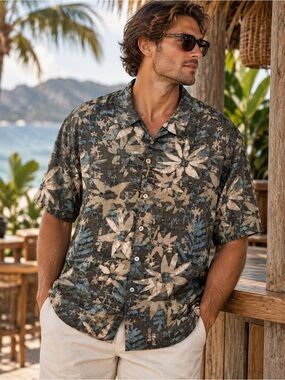 Brandini Pure Silk Men’s XXL Abstract Tropical Short Sleeve Button Up Shirt